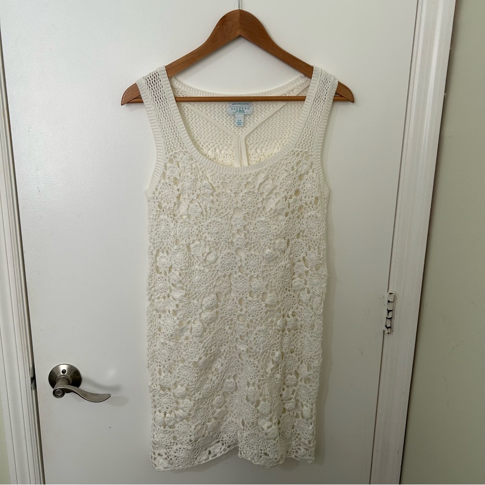Calypso St. Barth | White knit hand crocheted sleeveless beach coverup | Small